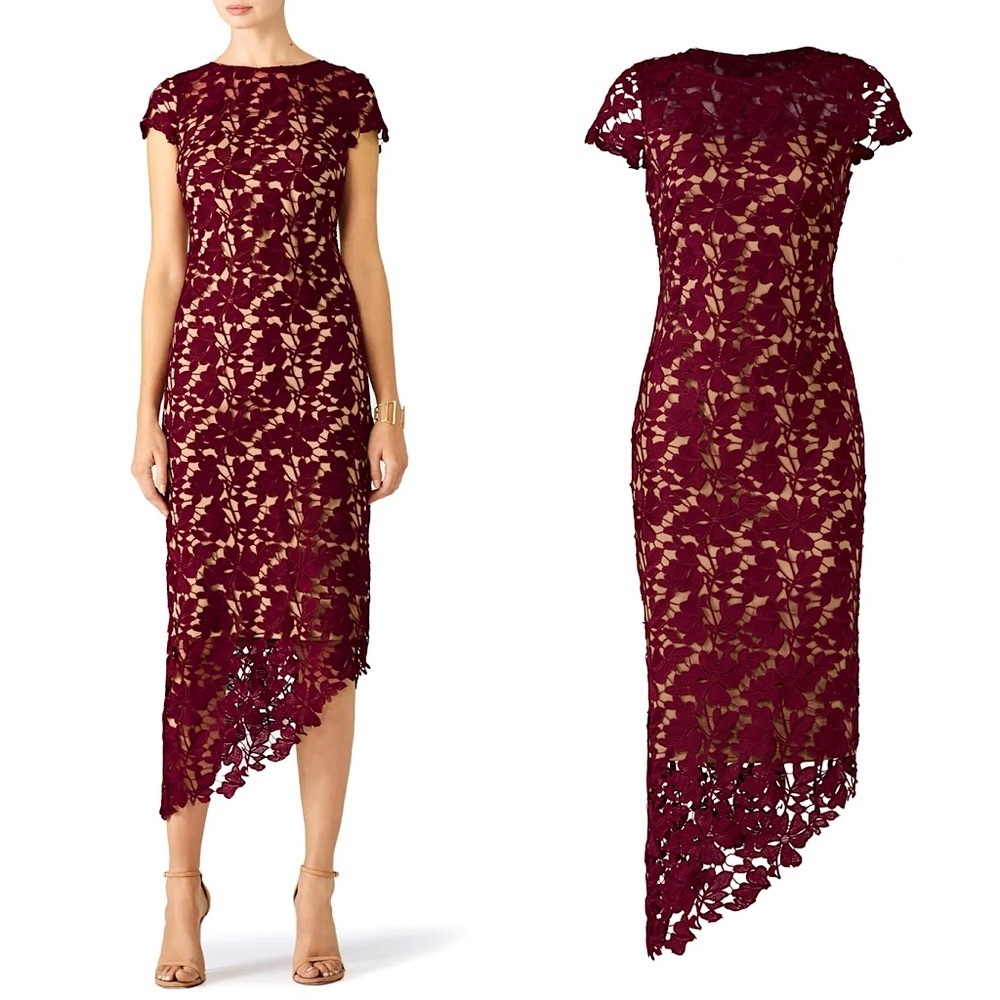 LM Collection Burgundy Asymmetrical Lace Cocktail Midi Dress | 2